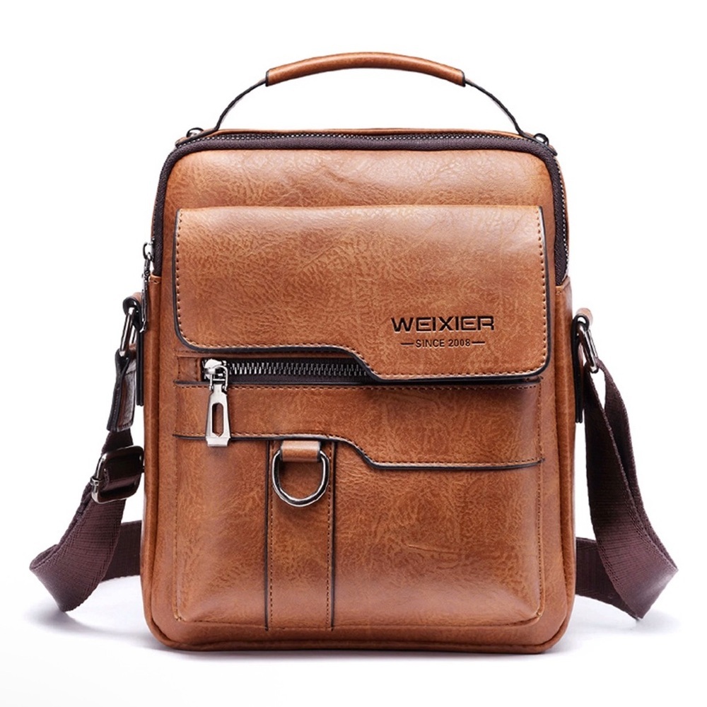 WEIXIER Men's Crossbody Bag Faux Leather Small Shoulder Bag Cognac Brown NWOT